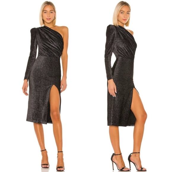 NWT Bronx and Banco Belle One Shoulder Midi Dress. Black with Metallic Thread. - Picture 1 of 11